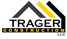 Trager Construction LLC logo featuring a black and yellow geometric roof design and bold text, representing professional construction services and reliable building solutions.