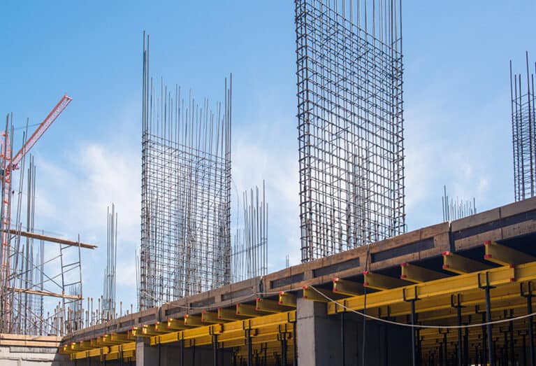 Steel reinforcement rebar for construction at a building site.